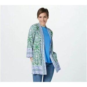 Isaac Mizrahi Live Blue Green Pink Printed Cottan/Modal Open Cardigan size Large